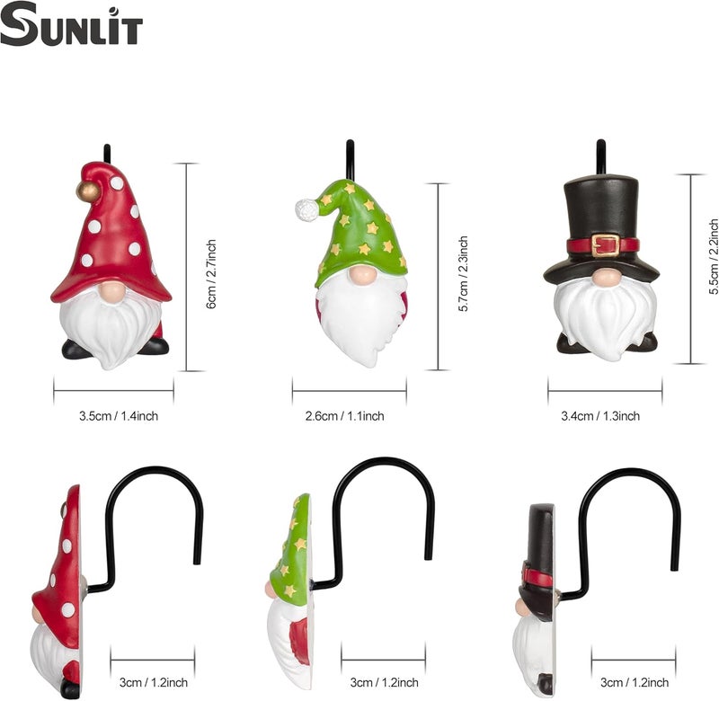 Sunlit Christmas Shower Curtain Hooks, Gnome Shower Curtain Rings with Black Hooks, Hand Painted Resin Christmas Decor, Winter Bathroom Decoration, Black Green Red with Polka, Set of 12 - Image 3